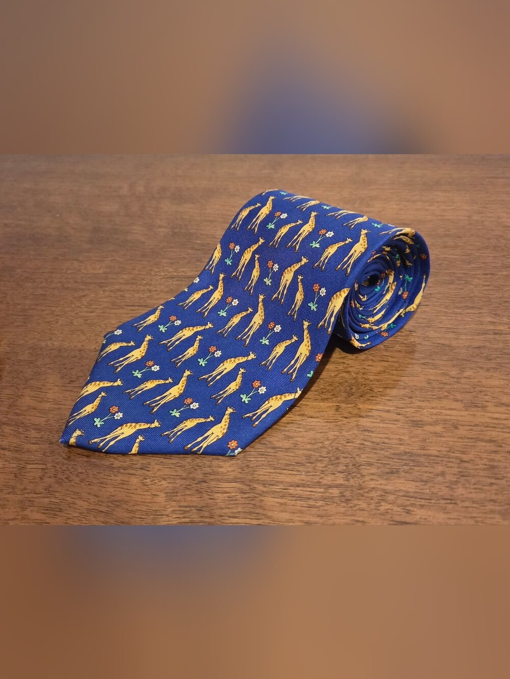 Paul Frederick Navy 100% Italian Silk Tie Giraffes With Flowers. Made In USA